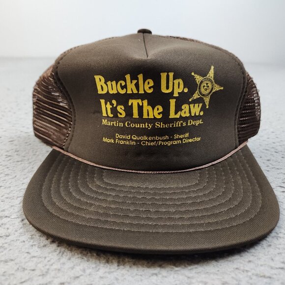 Vintage Trucker Hat Snapback Cap Buckle Up It's The Law Sheriff's Dept Brown 90s - Picture 1 of 10